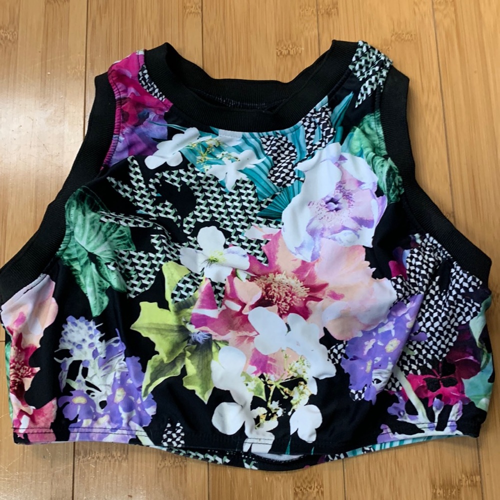 Black floral patterned crop swim / workout top